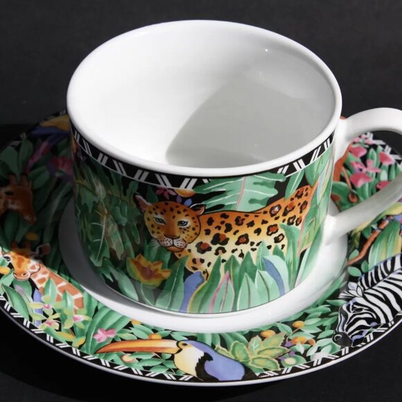 Vintage 1996 Sakura Porcelain Leopard cup and saucer Jungle colourful Sue Zipkin - Picture 2 of 5